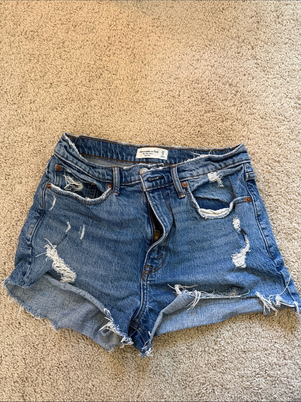 Abercrombie & Fitch Mom High Rise Blue Distressed Denim Cutoff Shorts